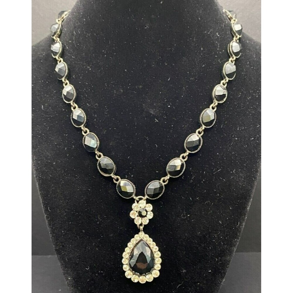 Silver Tone Art Deco Inspired Black Faceted Plastic & Clear Crystal Necklace